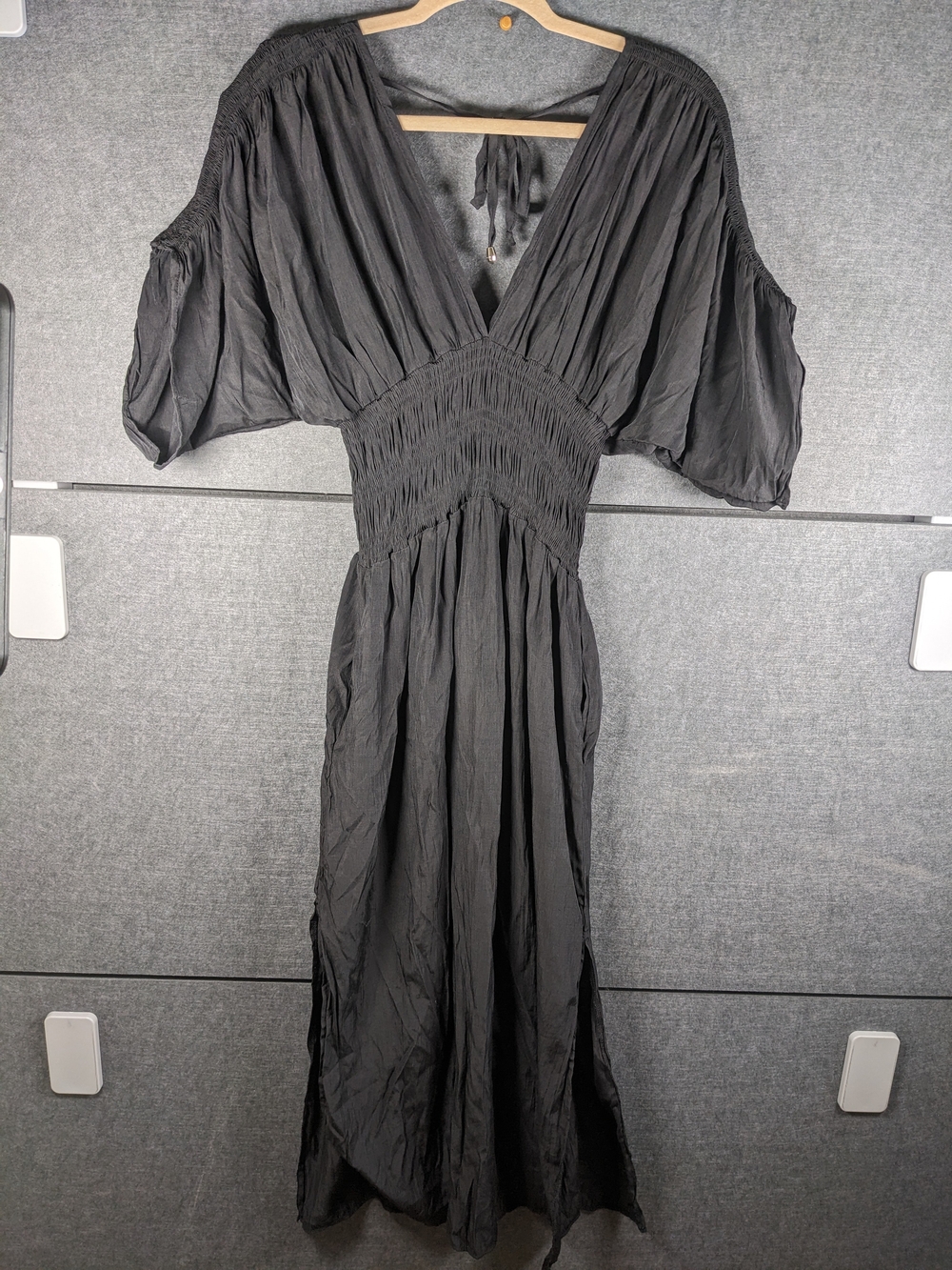 Black Smocked-Waist V-Neck Maxi Dress with Balloon Sleeves